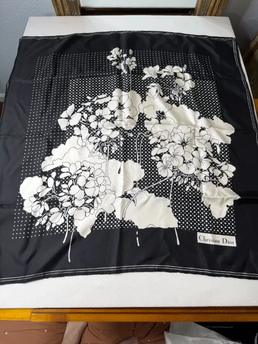 Christian Dior 100% Silk Black Ivory Floral Square Scarf